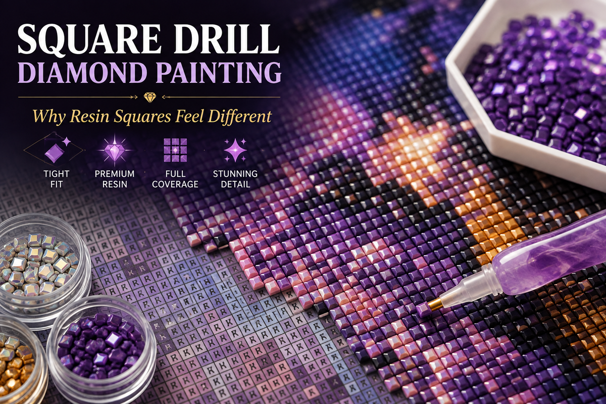 Square drill diamond painting kit for adults with tightly aligned resin square drills
