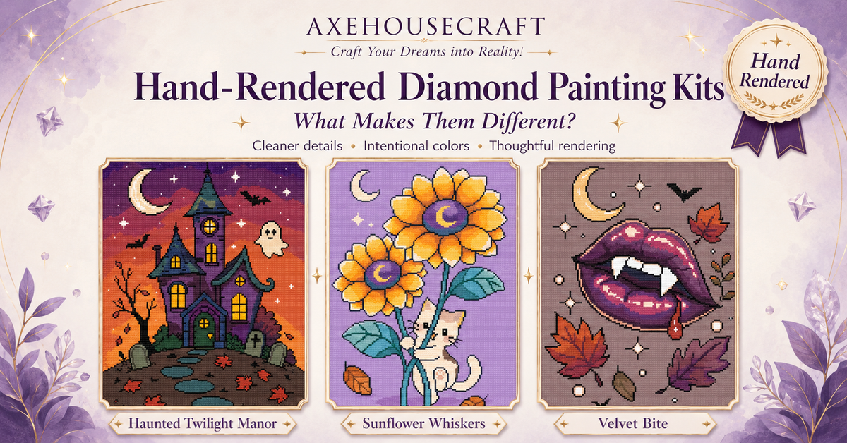 Hand-rendered diamond painting kit showing detailed drill placement and intentional color rendering